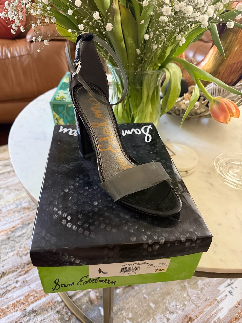 Sam Edelman Black Patent Block Heel Sandal with Clear Strap
